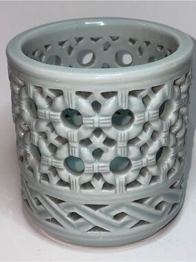 Vintage Celadon Brush Pencil Holder Geometric Design Signed 3.75”x4” -Cracked